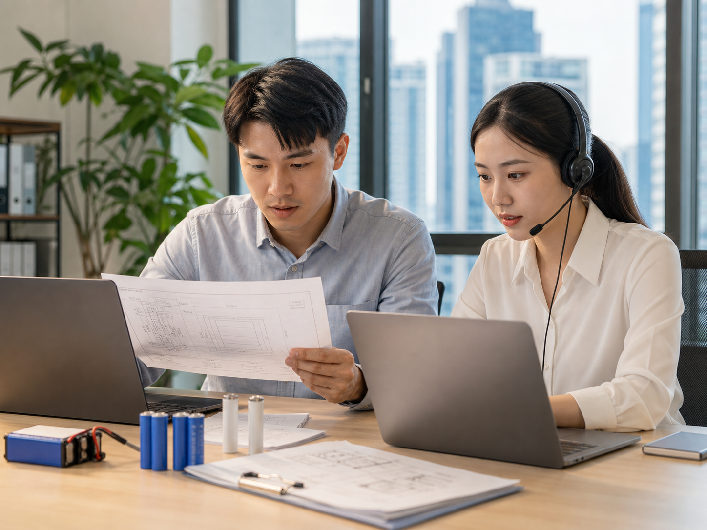 Goldwheel Energy engineer and customer-service specialist reviewing a battery inquiry