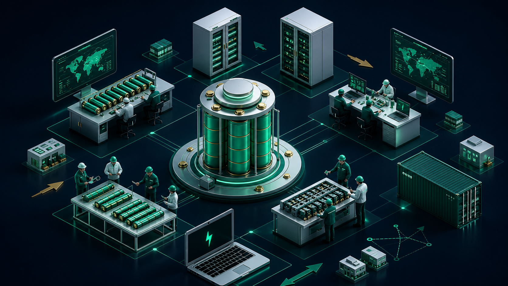 Battery manufacturing, energy storage and global supply-chain illustration