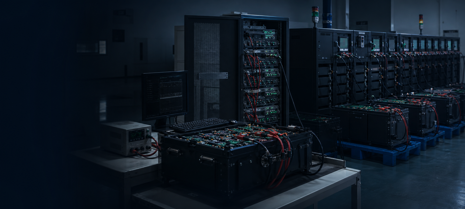 Battery charge-discharge testing laboratory with test cabinets and battery packs